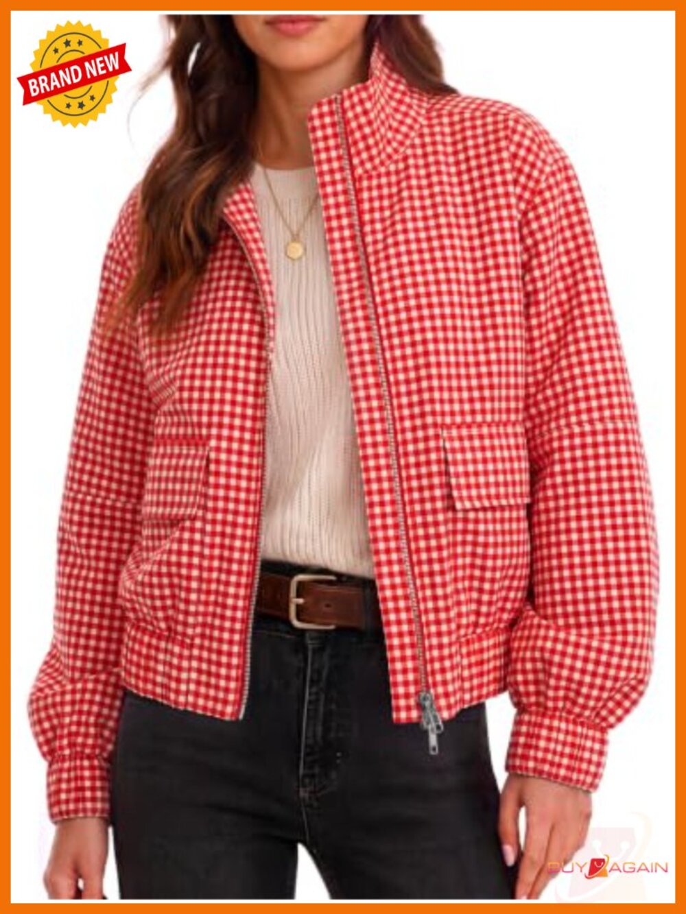 Womens Cropped Plaid Zip Up Jacket Lightweight Casual Coat